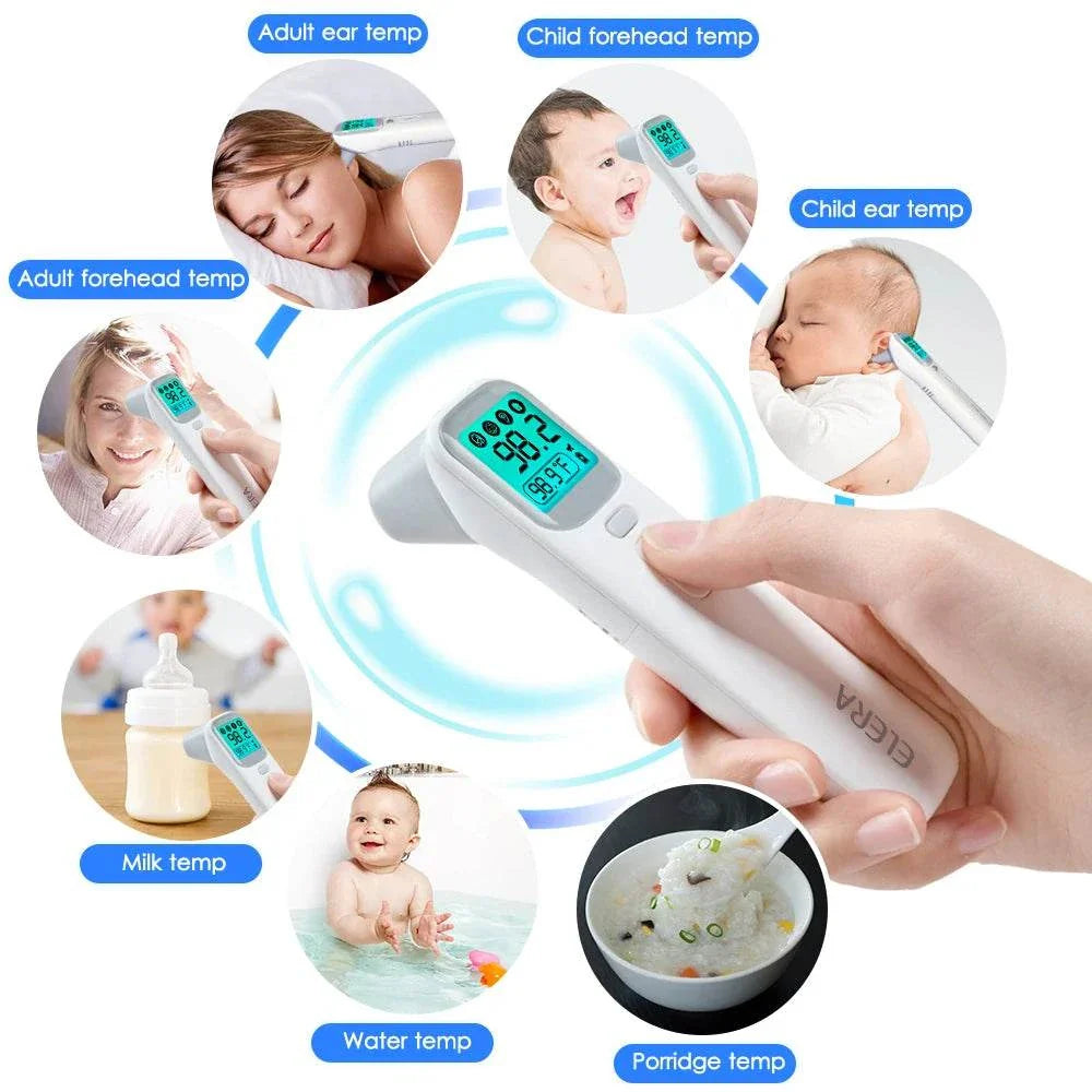Hand holding ELERA Infrared Digital Thermometer with digital display showing temperature and usage examples for adult ear, child forehead, child ear, adult forehead, milk, water, and porridge temperatures.