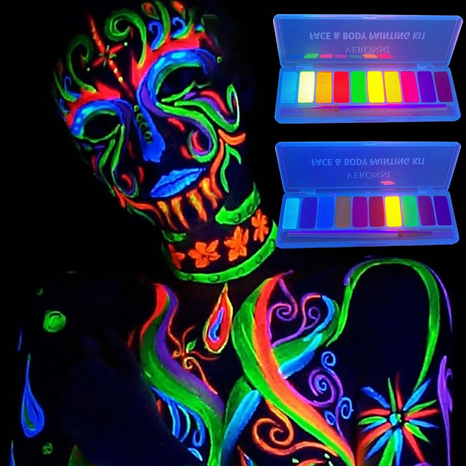 Glow Fluorescent Neon Oil face and body paint palette with vibrant UV reactive colors and glowing body art under blacklight