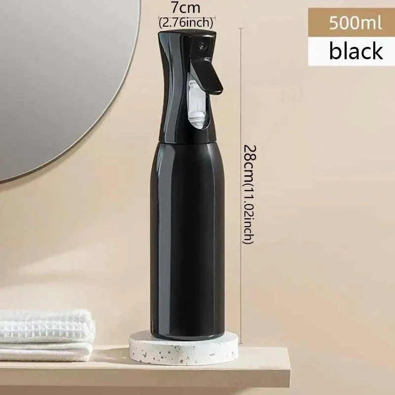Black 500ml high pressure mist spray bottle with ergonomic trigger for continuous fine mist spray, ideal for home, salon, and garden use