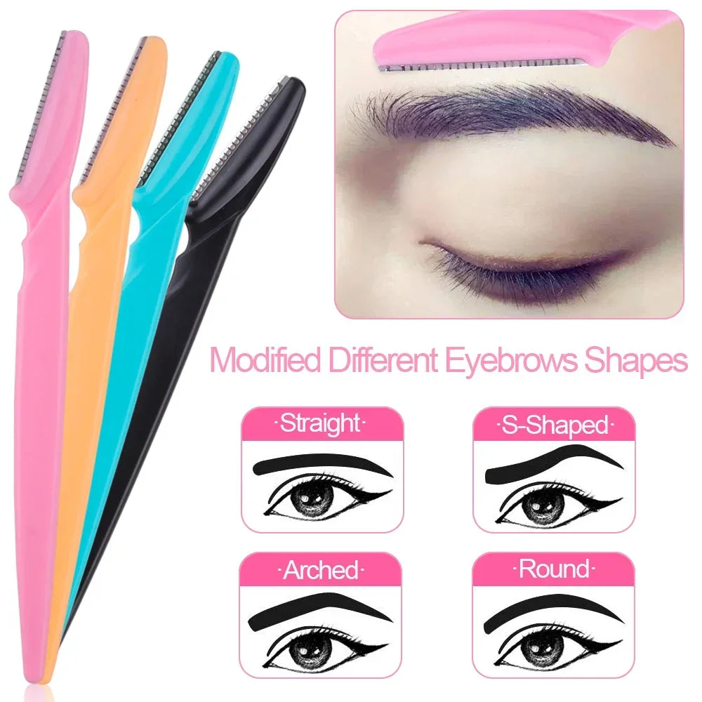 Colorful eyebrow trimmer and face shaver set with precision blades for shaping various eyebrow styles and gentle hair removal.