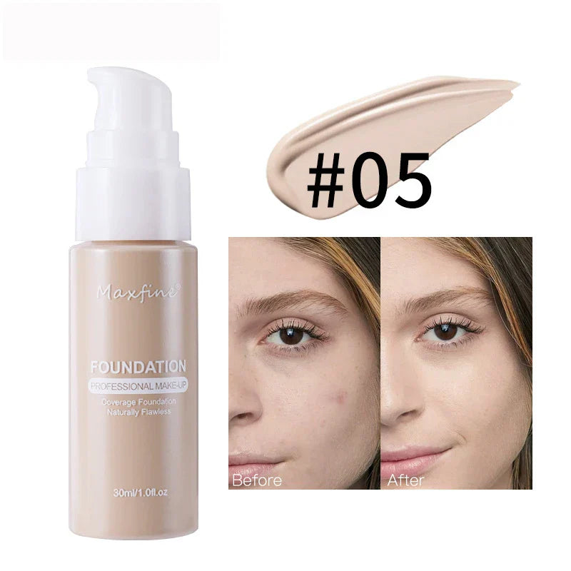 Liquid foundation and concealer bottle with shade #05 and before and after face coverage demonstration