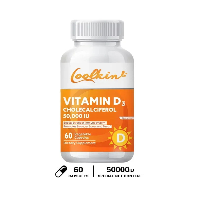 High Potency Vitamin D3 50,000 IU dietary supplement bottle with 60 vegetarian capsules for immune and bone health