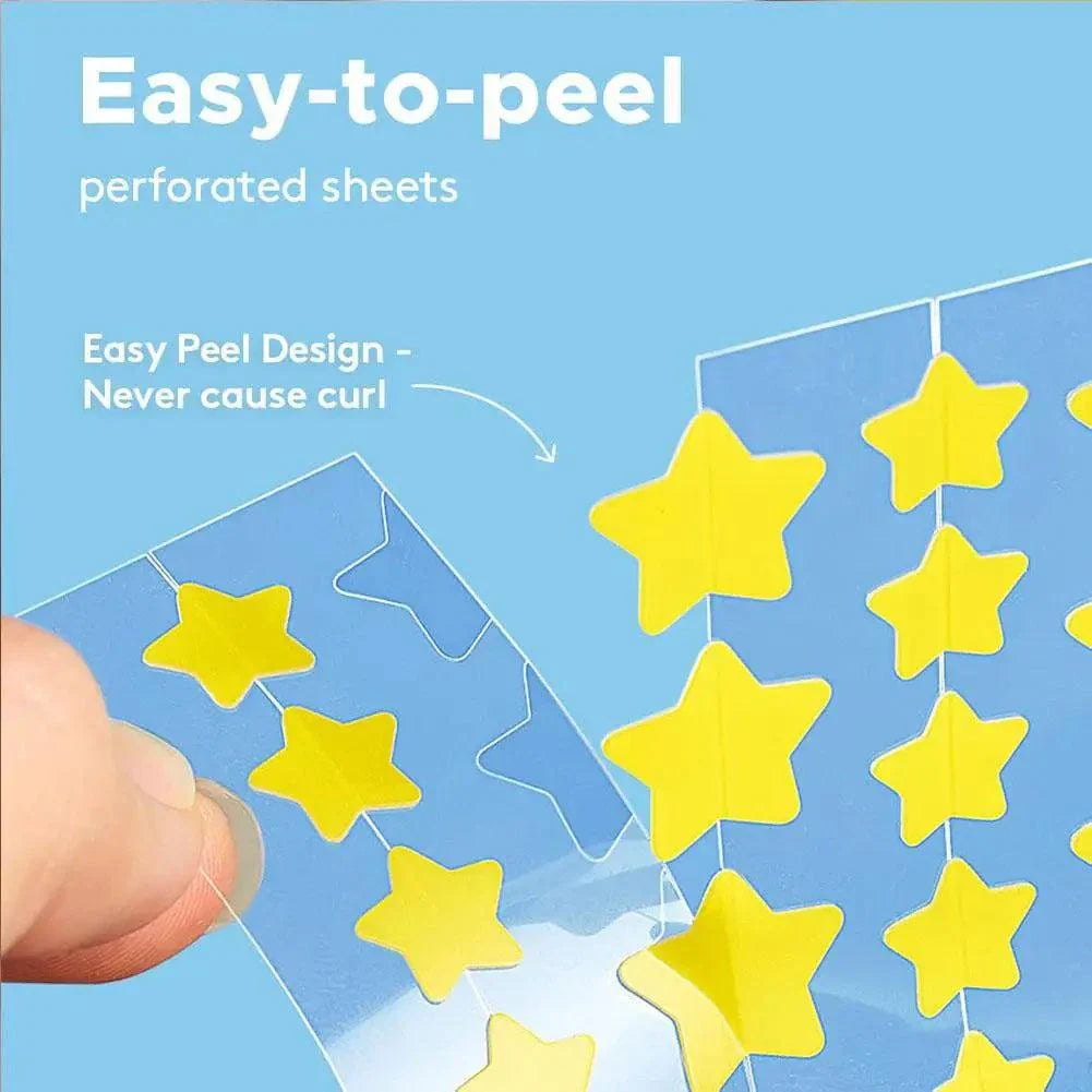 Colorful Star Pimple Patch showing easy-to-peel yellow star-shaped acne patches on clear perforated sheets