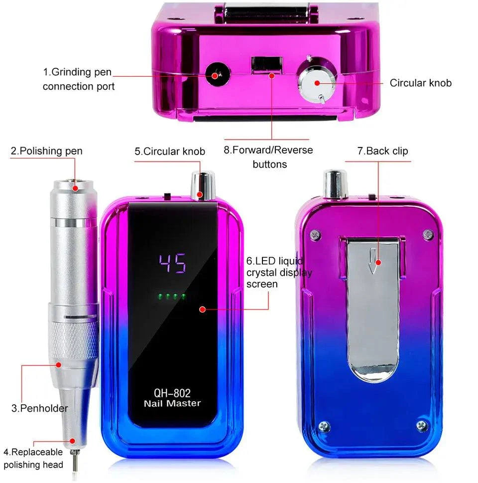 Rechargeable nail drill machine with 45,000RPM speed, laser gradient design, LED display, ergonomic handpiece, and USB charging.