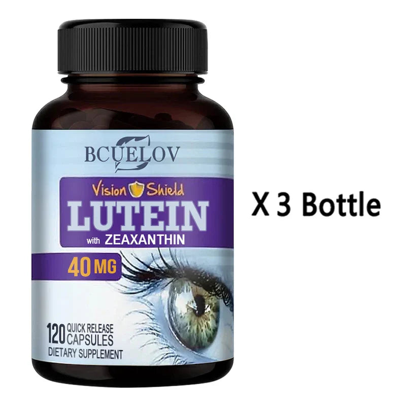Bcuelov High Potency Lutein Capsules with Zeaxanthin 40mg, 120 quick release dietary supplement capsules for eye health and blue light protection, pack of 3 bottles.