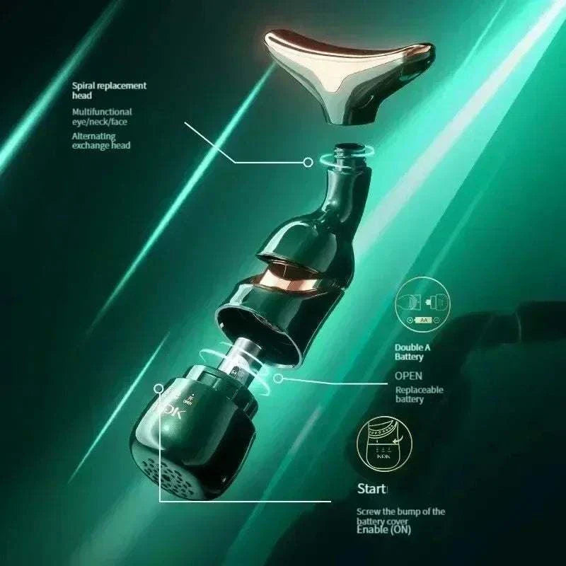 3-in-1 Facial Lifting Device with interchangeable heads, EMS microcurrent technology, and rechargeable battery for neck, face, and eye massage.