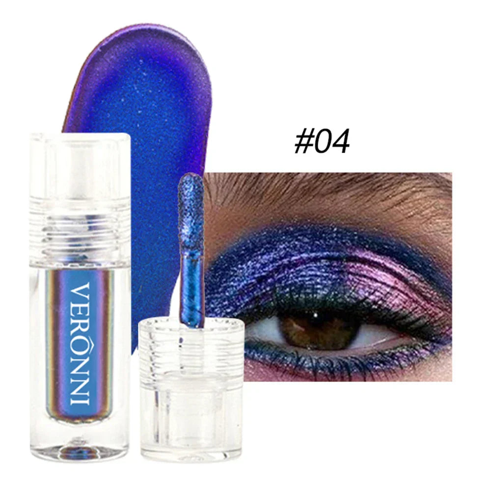 Chrome Shifting Chameleon Liquid Eyeshadow in shade #04 showing multichrome blue and purple iridescent shimmer on eyelid with applicator and clear tube packaging.