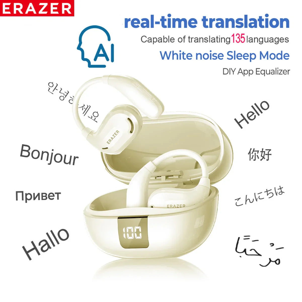 ERAZER XT66PRO Bluetooth earphones in white with real-time translation of 135 languages, white noise sleep mode, DIY app equalizer, and digital display charging case.