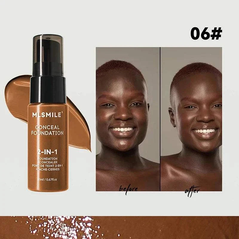 Face Foundation Cream 2-in-1 concealer and foundation with full coverage, waterproof, oil-control matte finish, suitable for all skin types, shown on dark skin before and after application.