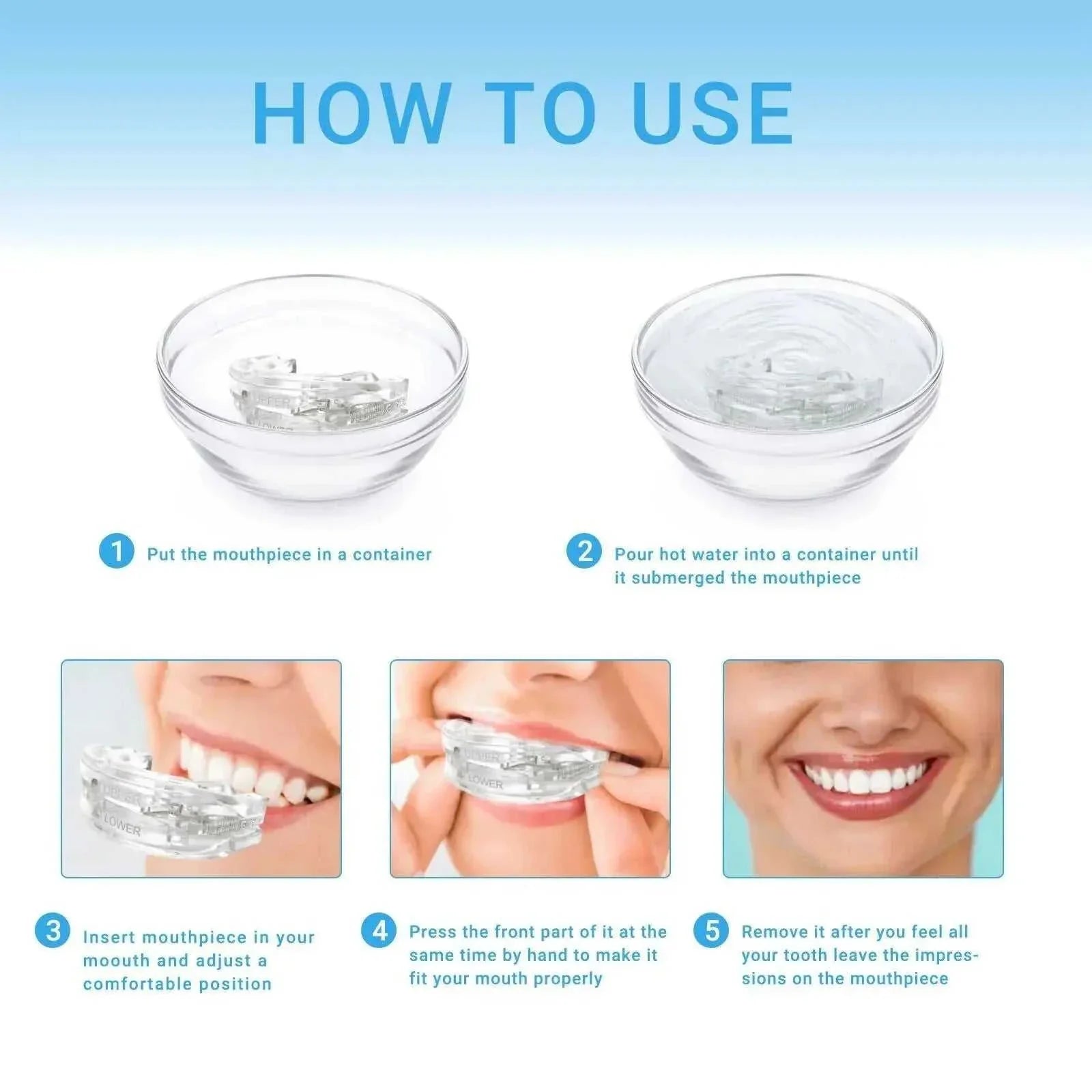 Adjustable anti-snoring mouth guard with customizable fit, silicone material, reduces snoring and teeth grinding, includes storage case and easy-to-follow heating mold instructions.