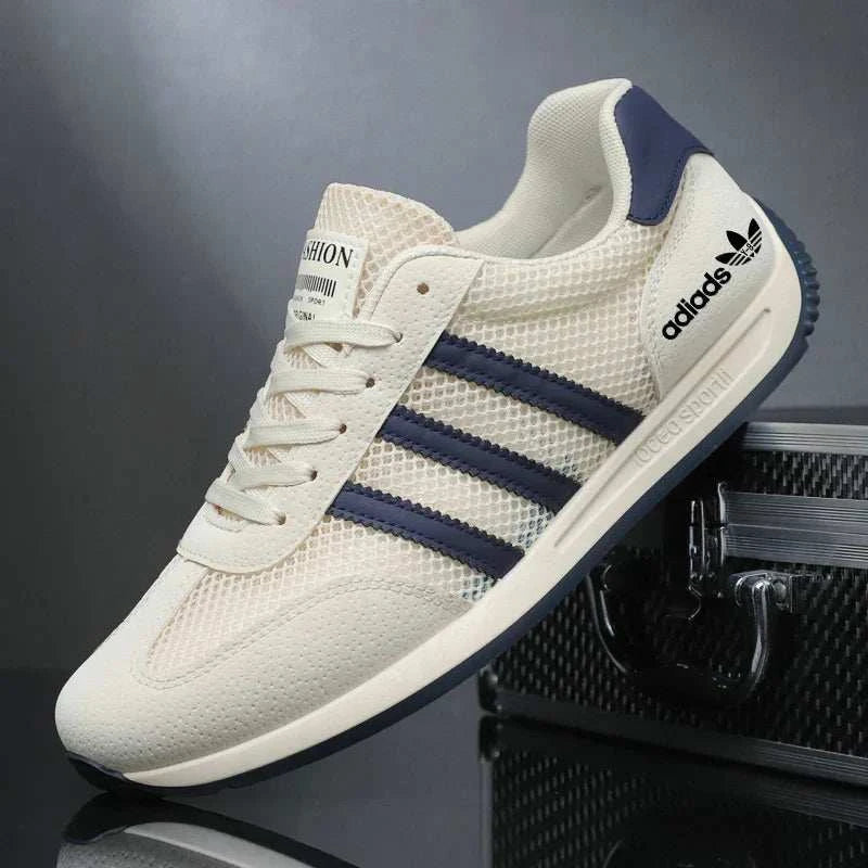 Men's casual sport shoes breathable mesh lightweight sneakers white with navy stripes