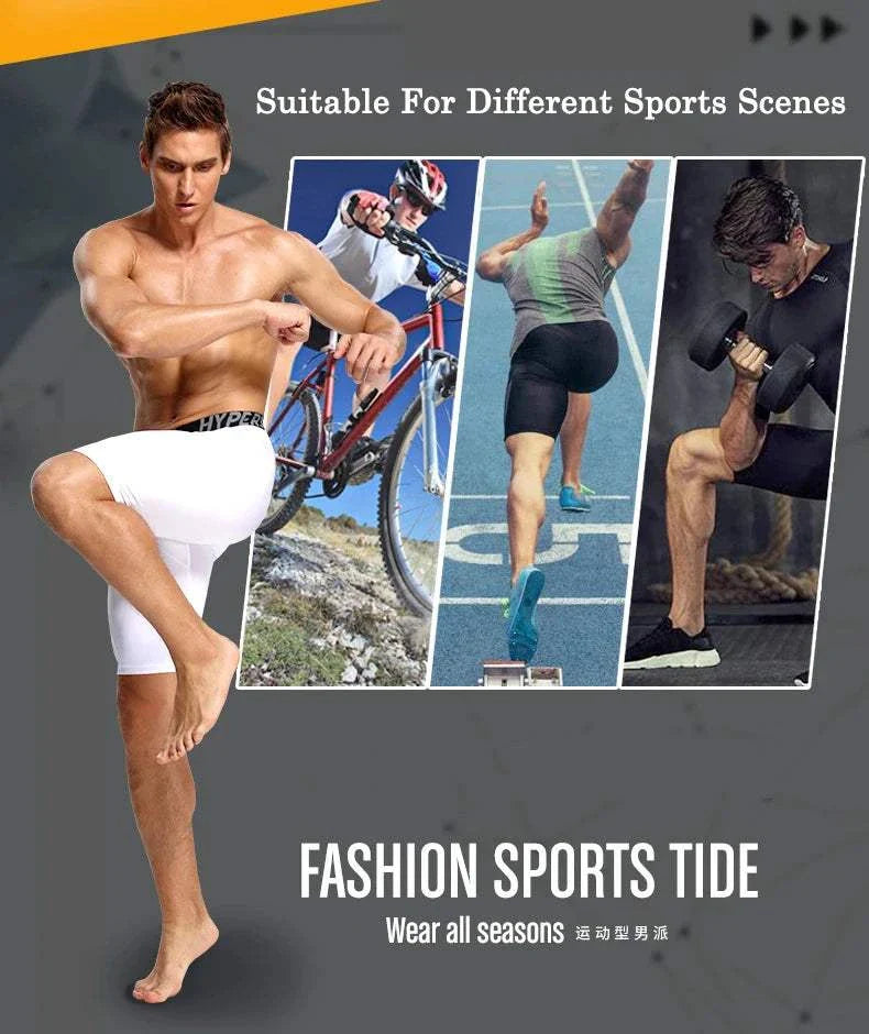 Athletic man wearing white men’s compression shorts for various sports including cycling, running, and weightlifting in multiple outdoor and gym settings