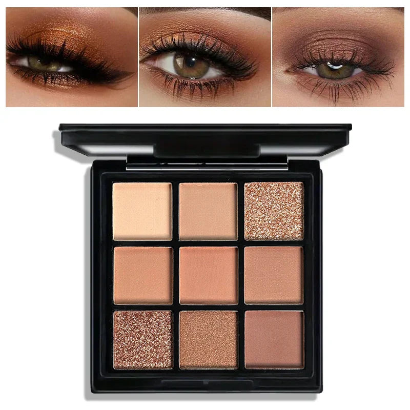 9-grid eyeshadow palette with neutral red and purple shades including matte, shimmer, and glitter finishes