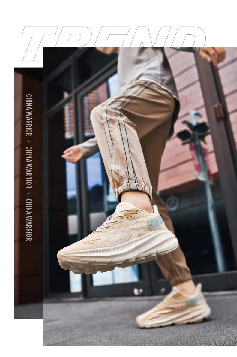 Lightweight beige Carbon Plate Air Cushion running shoes with breathable mesh and durable rubber outsole worn outdoors