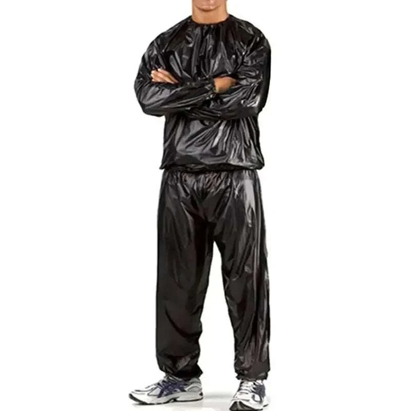 Black PVC sauna suit for men and women designed to increase sweating and enhance workout results