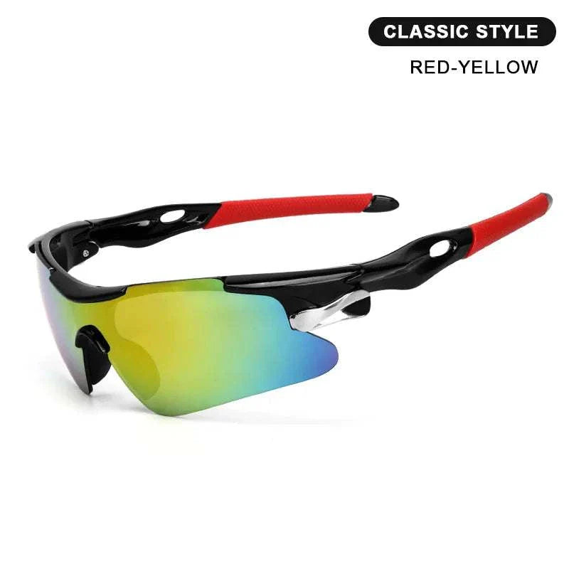 RIDERACE Sports men’s cycling sunglasses with red-yellow frame, UV400 protection, and wraparound design for outdoor sports