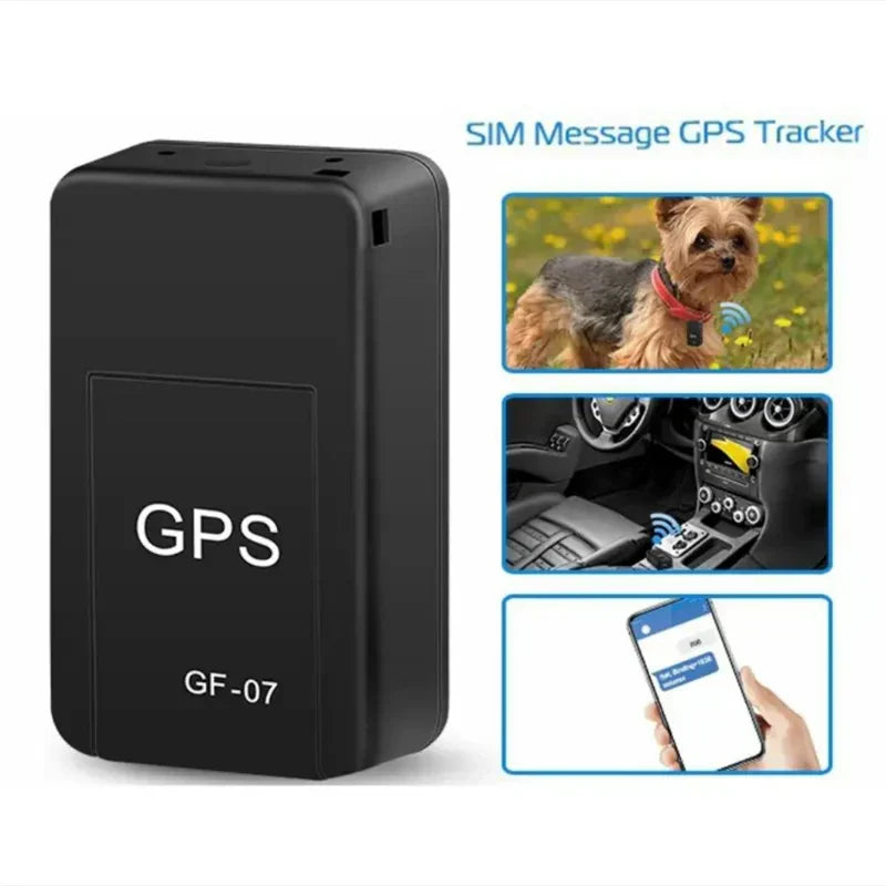 Micro Magnetic GPS Tracker compact black device with GPS GF-07 label and example uses for pet, vehicle, and smartphone tracking