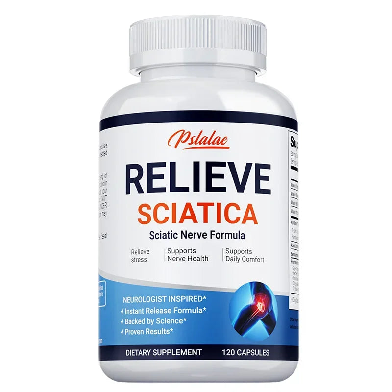 Relieve Sciatica dietary supplement bottle for nerve pain relief and mobility support, 120 capsules
