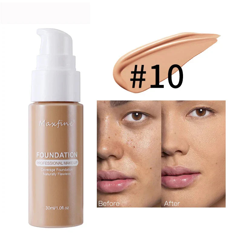 Liquid Foundation & Concealer bottle shade #10 with before and after coverage showing smooth, natural, full coverage finish