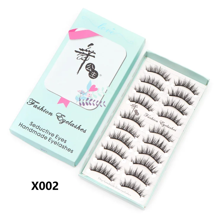 10 pairs of natural manga full strip lashes in a teal box, anime-inspired voluminous and lightweight handmade eyelashes for bold eye makeup.