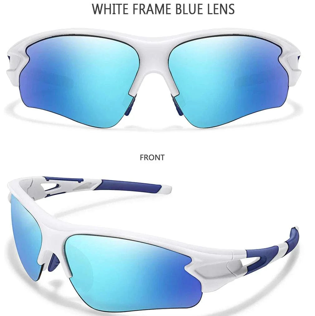 Brand Fashion Women & Men Sunglasses with white frame and blue lenses, unisex sporty design, UV400 protection, lightweight durable frame, and anti-glare lenses for outdoor sports and activities.