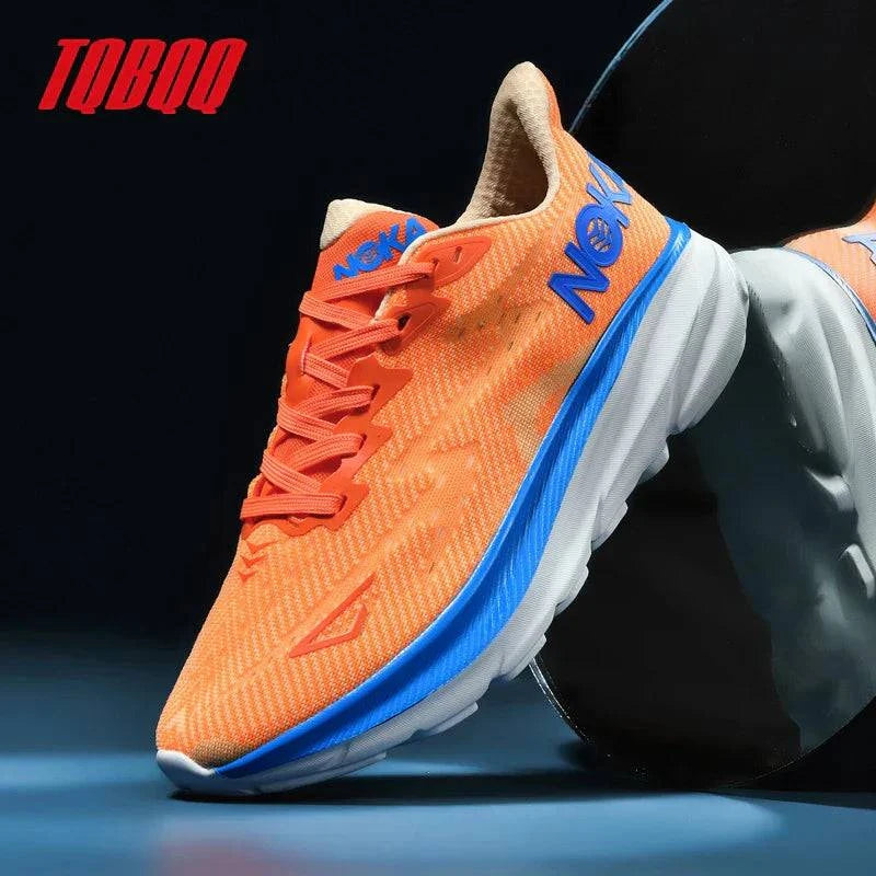 Orange unisex carbon plate air cushion running shoe with blue and white sole, lightweight breathable mesh upper for performance and comfort