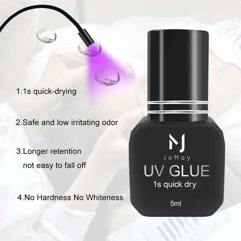 JOMAY UV Glue Adhesive black bottle with UV curing light highlighting fast drying and safe, low-irritation formula for eyelash extensions