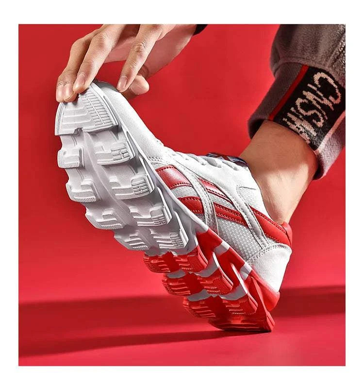 2025 New Men's & Women's Running Shoes with breathable mesh upper, anti-slip rubber sole, and cushioned insole in white and red design