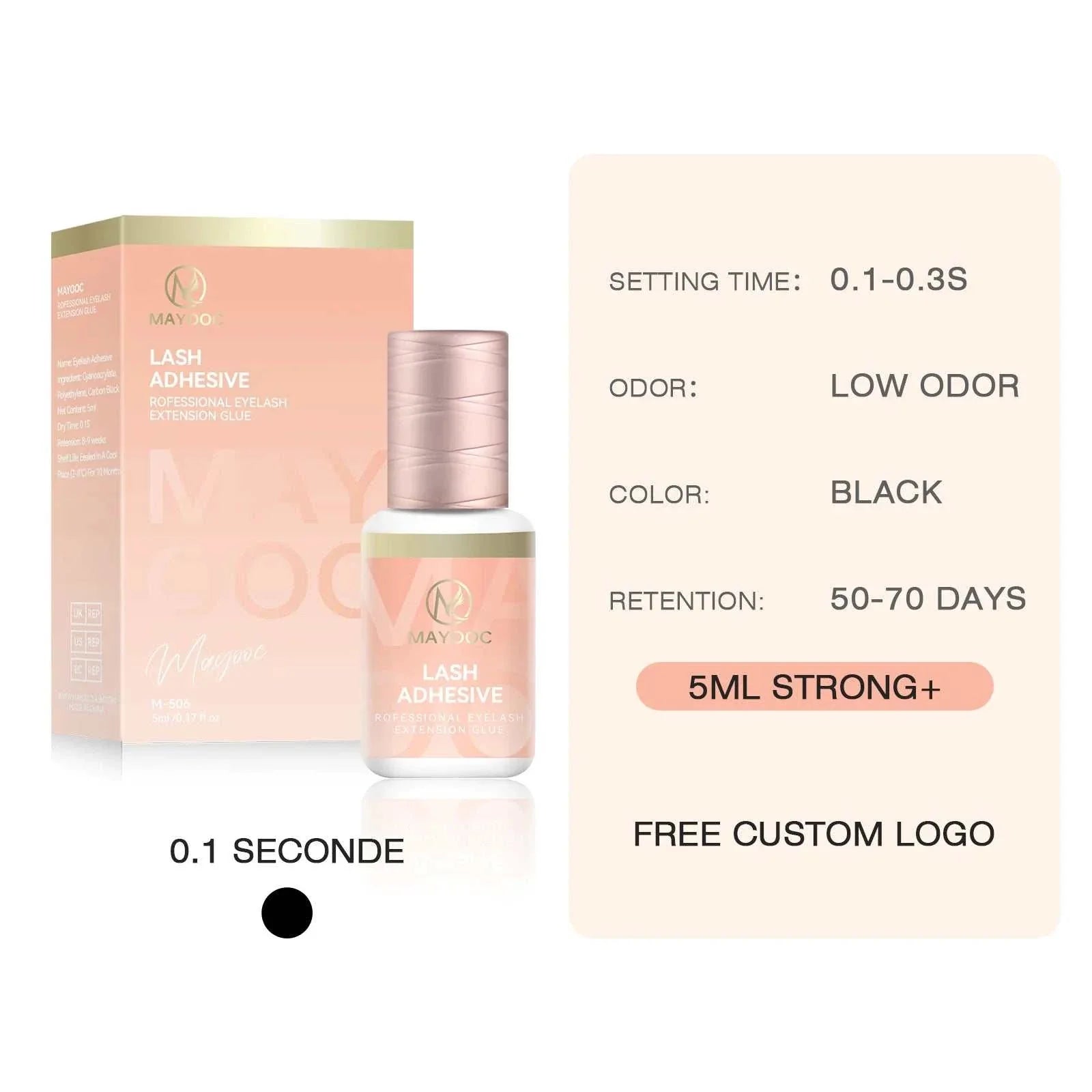 0.3 Sec Eyelash Extension Glue with ultra-fast drying, low odor, black color, and long-lasting hold up to 70 days in 5ml bottle