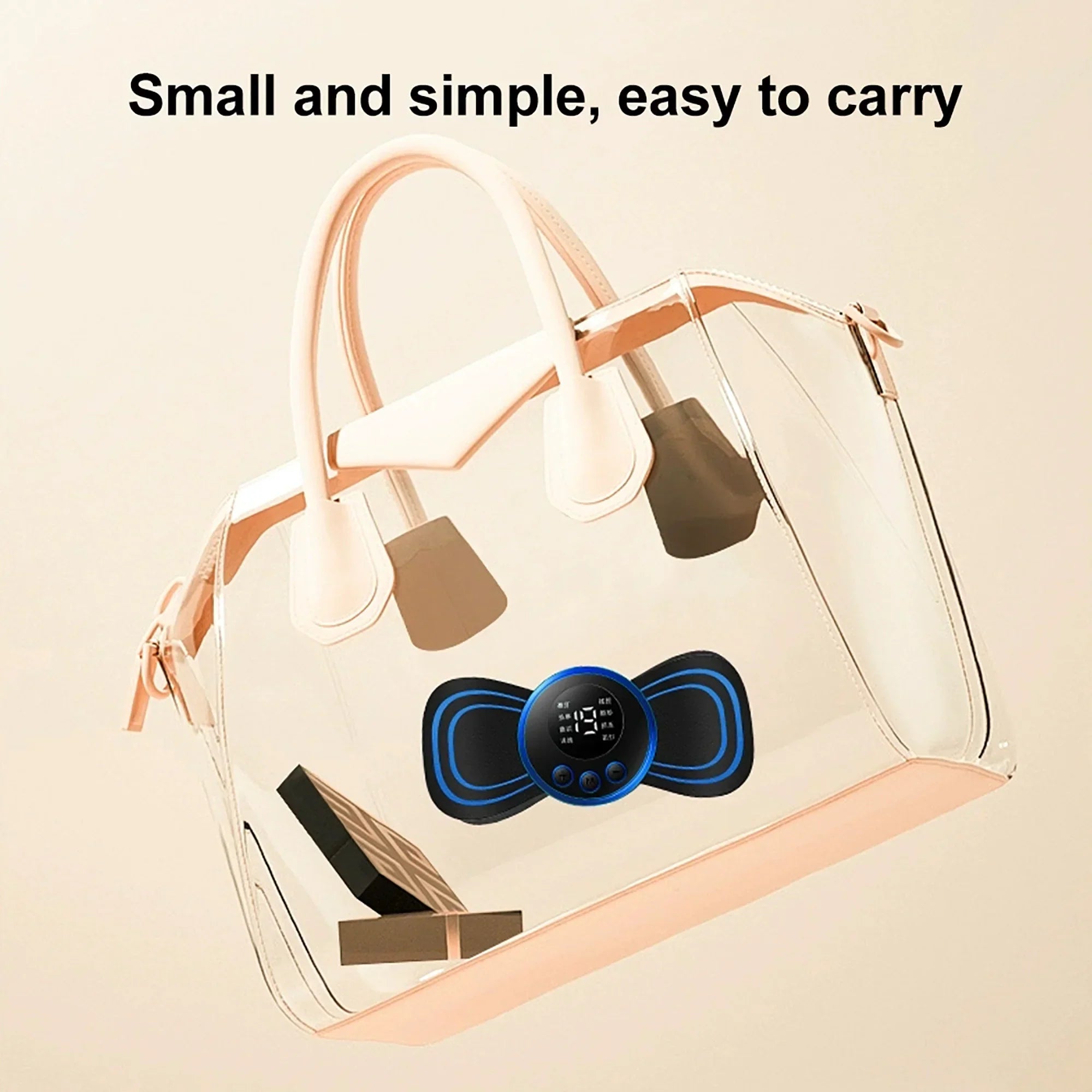 Mini electric neck massager inside a clear handbag, portable and compact for travel use