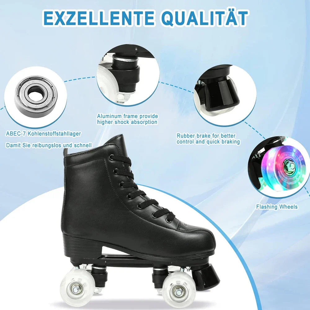 Black PU leather flash roller skates with light-up wheels and lace-up high-top design for smooth and stylish rides