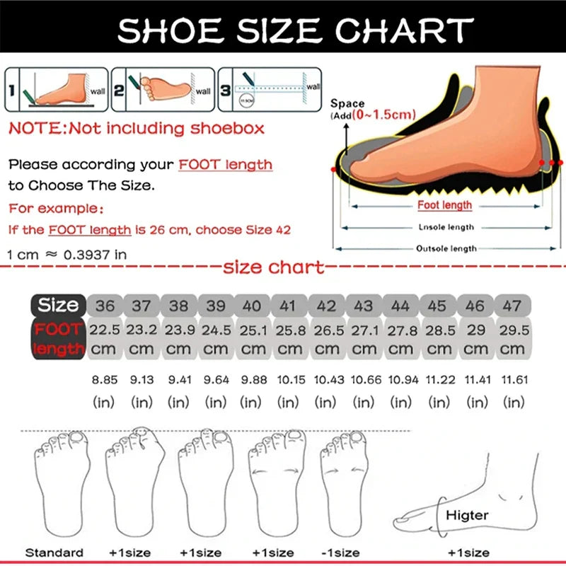 Foot size and length measurement chart guide for New Hiking Shoes sizing with centimeter and inch conversions and fitting instructions.