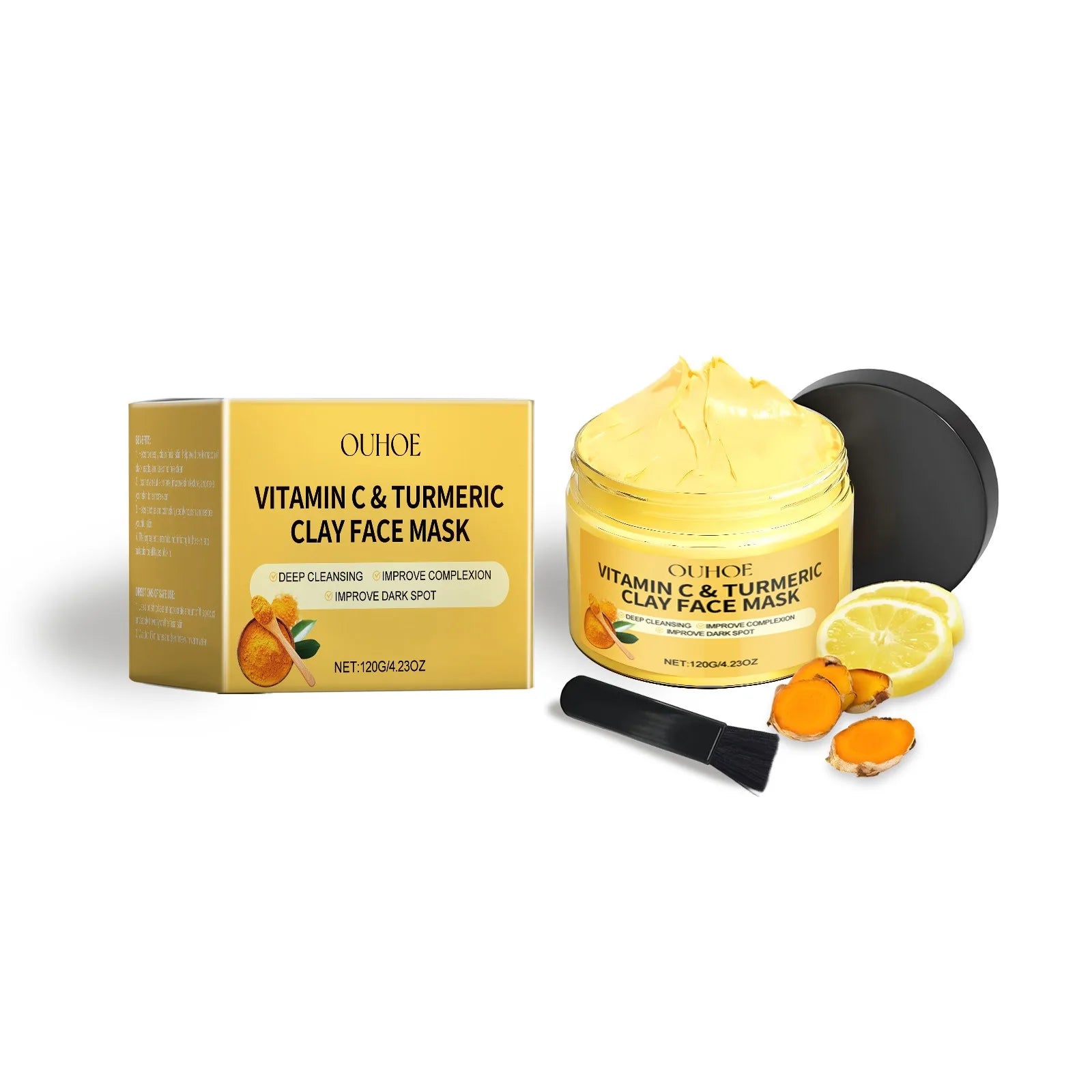 Vitamin C and turmeric exfoliating facial mask with brush, lemon slices, and turmeric roots for brightening and deep cleansing skin