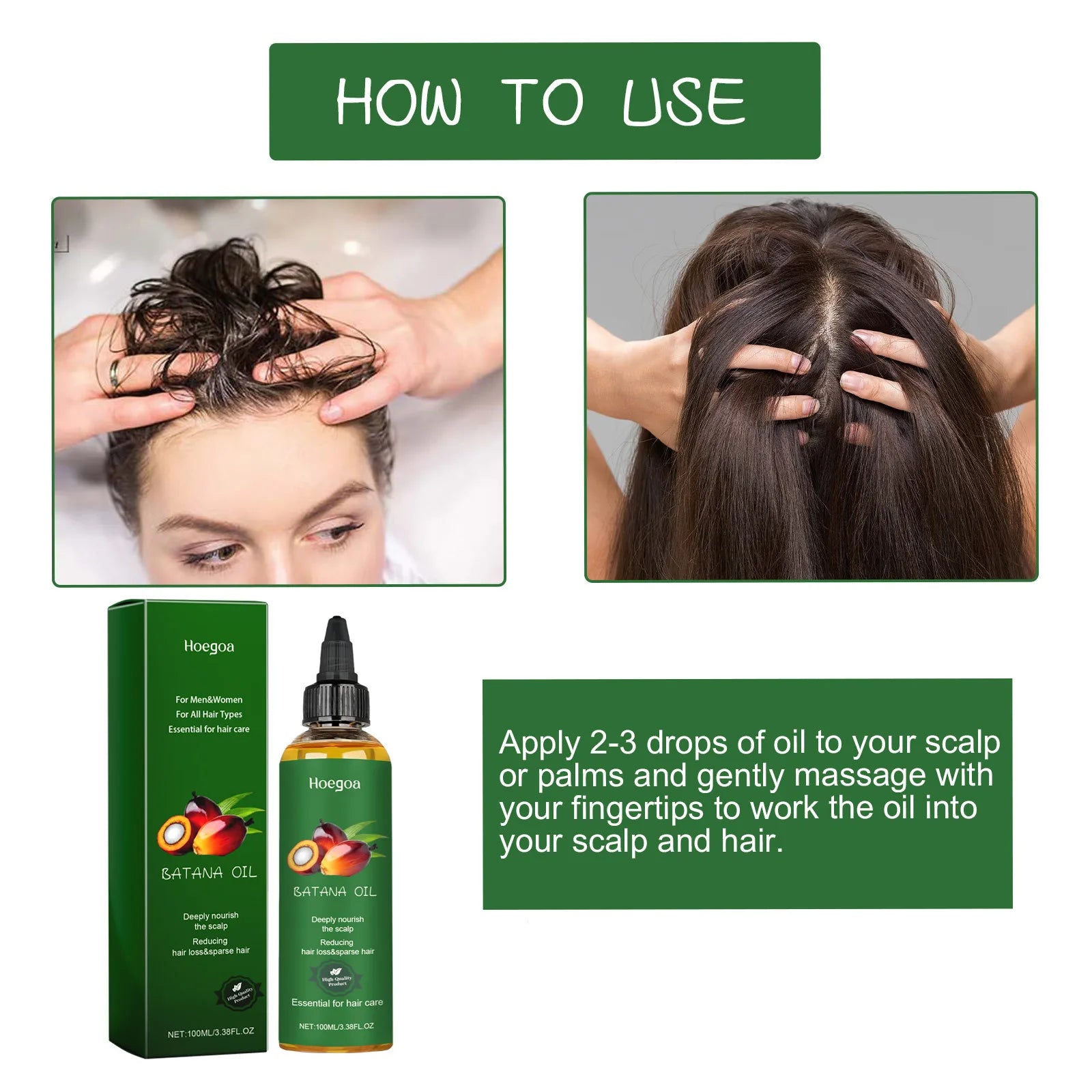 Batana Nourishing Hair Oil bottle with application instructions and hands massaging oil into scalp and hair