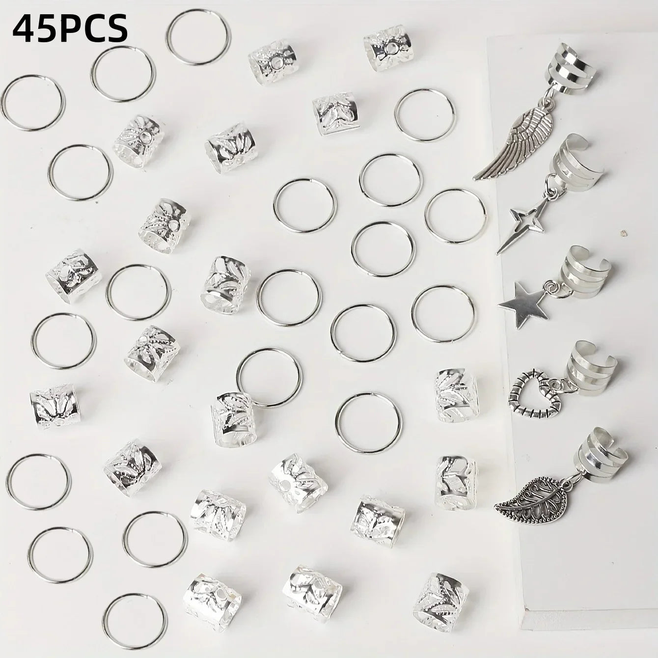 45pcs alloy braid hair ring set with various silver dreadlock jewelry charms and cuffs for braids and locs