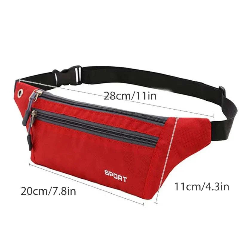 Red nylon waist and chest bag with adjustable black strap and multiple zippered compartments for sports and travel.
