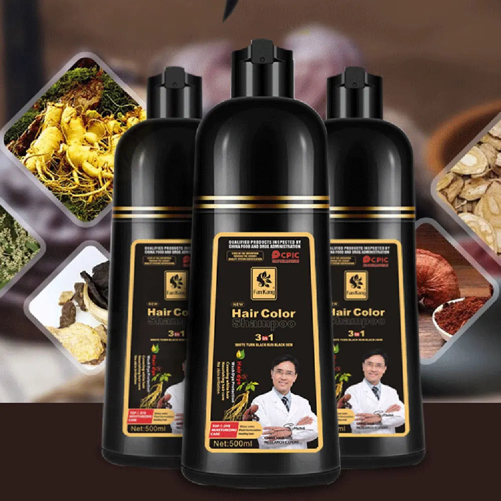 500ml Organic Permanent Hair Dye Shampoo bottles with natural plant ingredients and herbal extracts background