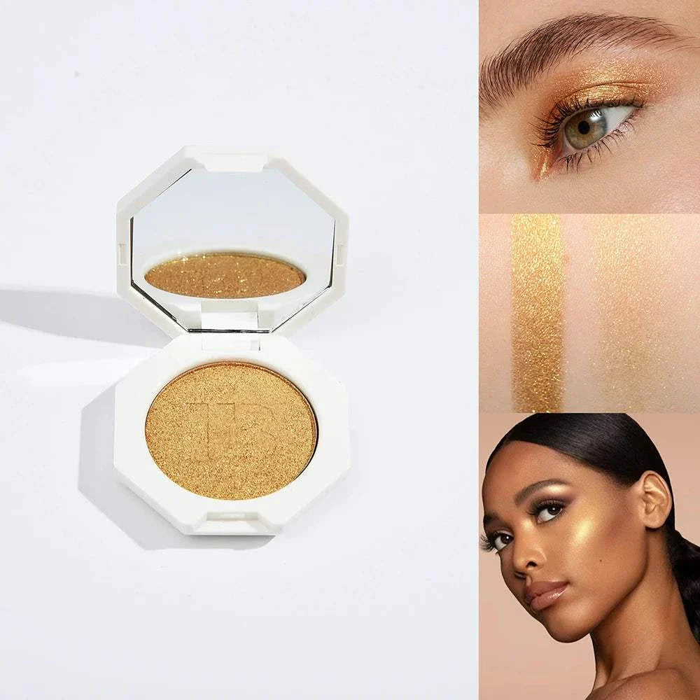 Face & Body Shimmering Highlighter compact with golden shimmer, swatches on skin, and glowing cheek on model