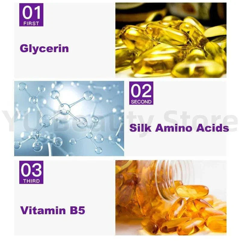 Purple Repair Hair Mask key ingredients including glycerin, silk amino acids, and vitamin B5 for deep nourishment and hair strengthening.