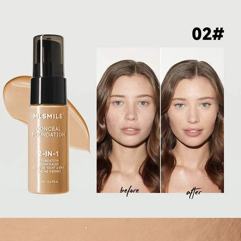 Face Foundation Cream 2-in-1 concealer and foundation with full coverage, waterproof, oil-control matte finish shown in before and after application on model's face