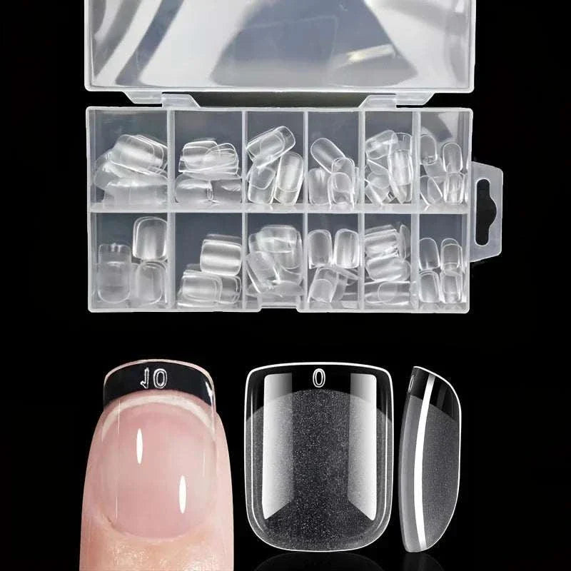120-piece full cover press-on nail tips set with assorted stiletto, almond, square, and coffin shapes in a transparent storage box