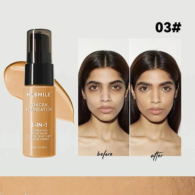 Face Foundation Cream bottle with liquid swatch beside before and after images showing full coverage and matte finish on model's face
