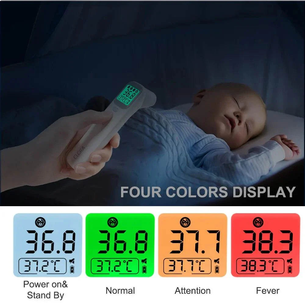 ELERA Infrared Digital Thermometer showing contact-free temperature reading of sleeping baby with four-color backlit LCD display indicating normal and fever levels