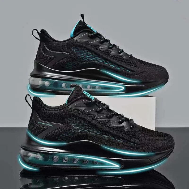 Men's casual black air cushion running shoes with breathable mesh upper and glowing sole accents