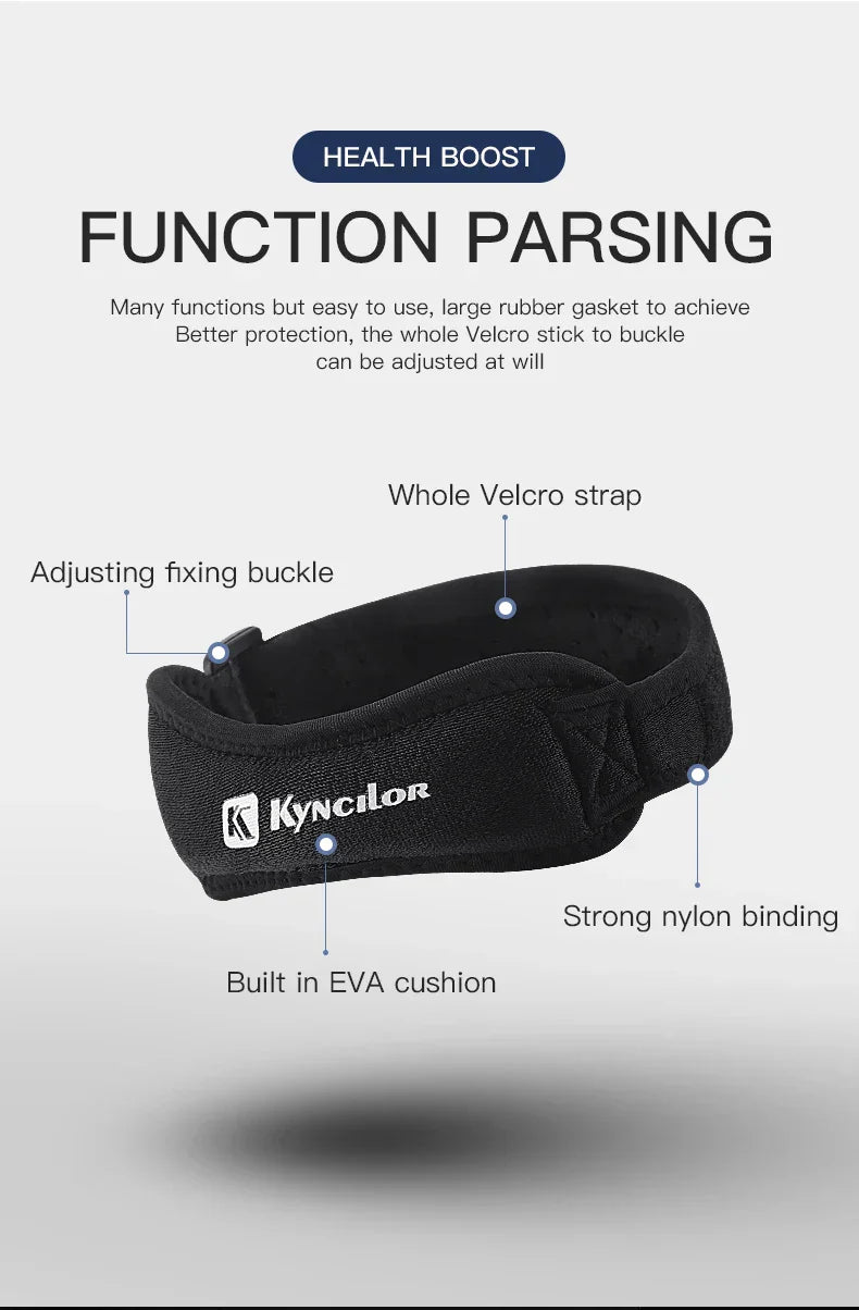 Adjustable silica gel knee tendon strap with Velcro closure and EVA cushion for support and injury prevention