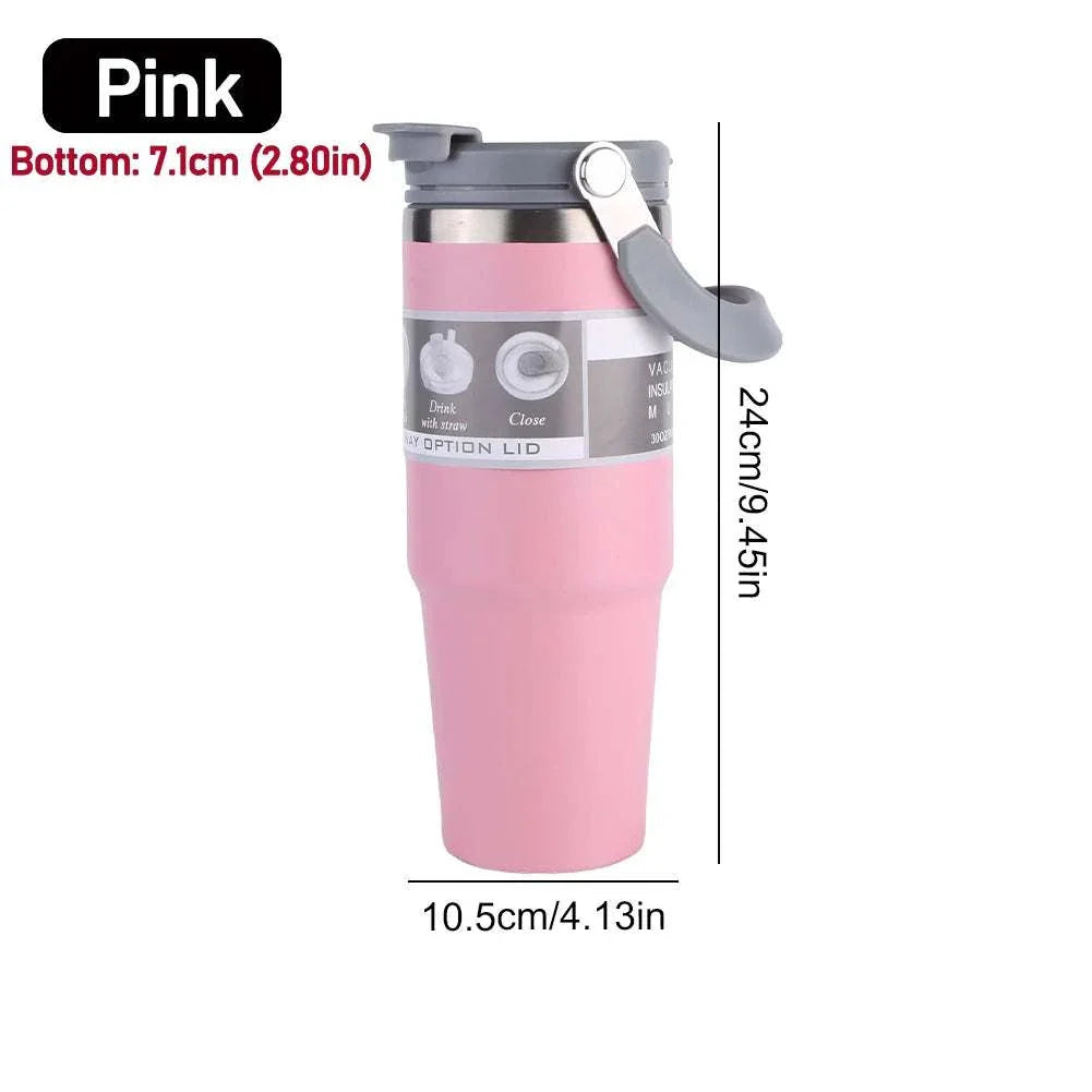 Pink 30oz vacuum insulated cup with handle, stainless steel double-layer water bottle, 24cm height, 10.5cm width, leak-resistant lid, durable and portable.