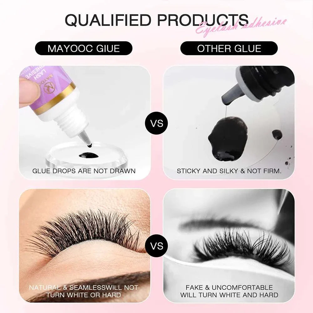 Comparison of MAYOOC 0.3 Sec Eyelash Extension Glue with other glue showing precise drops and natural seamless lashes versus sticky drops and fake uncomfortable lashes.