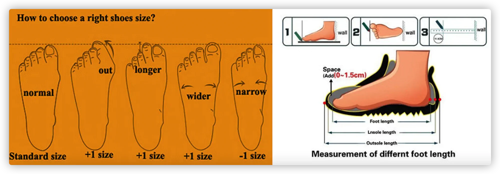 Sizing guide for men's hiking shoes with foot shape variations and measurement instructions for accurate fit.