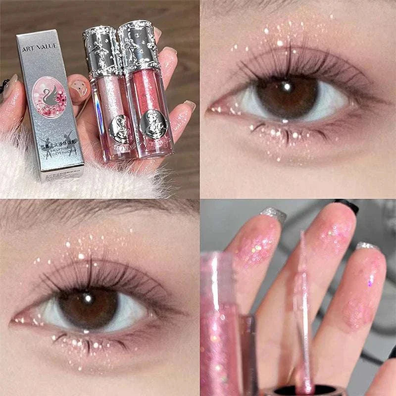 Balletism liquid eyeshadow with fine shimmer highlight applied on eyelids and fingers showing soft, luminous pink sparkle glow