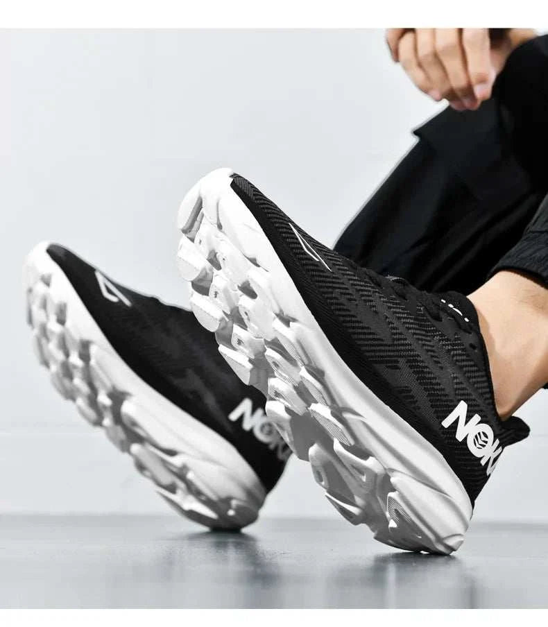 Black Carbon Plate Air Cushion running shoes with white sole, lightweight and breathable design for unisex performance runners.